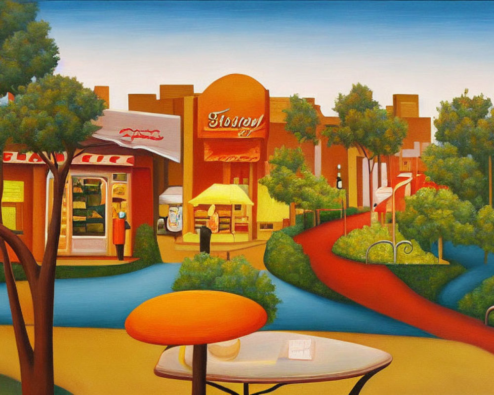 Colorful Townscape Painting with River, Bridge, and Outdoor Seating