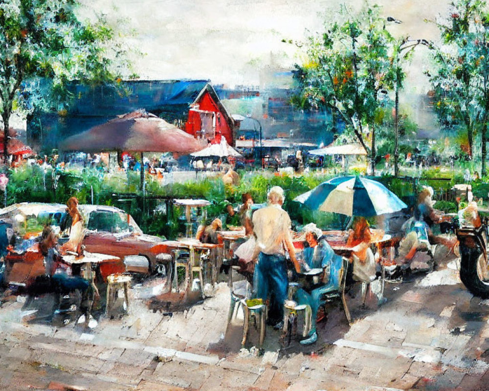 Colorful Street Scene Painting with Outdoor Dining, Cars, Cyclist, Trees, and Buildings