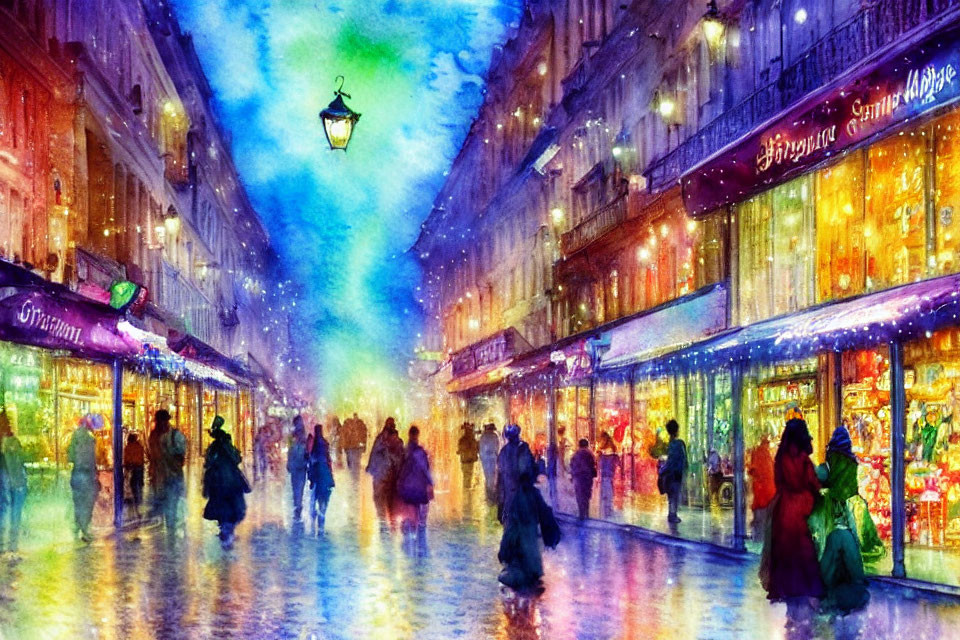 Colorful Impressionistic Street Scene with Pedestrians and Vintage Lamp