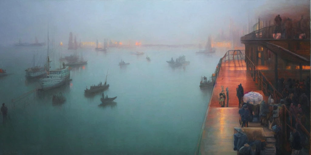 Foggy harbor scene at dusk with boats, people, and glowing lights