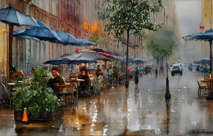 Rainy City Street Scene: Watercolor Painting of People Dining under Blue Umbrellas