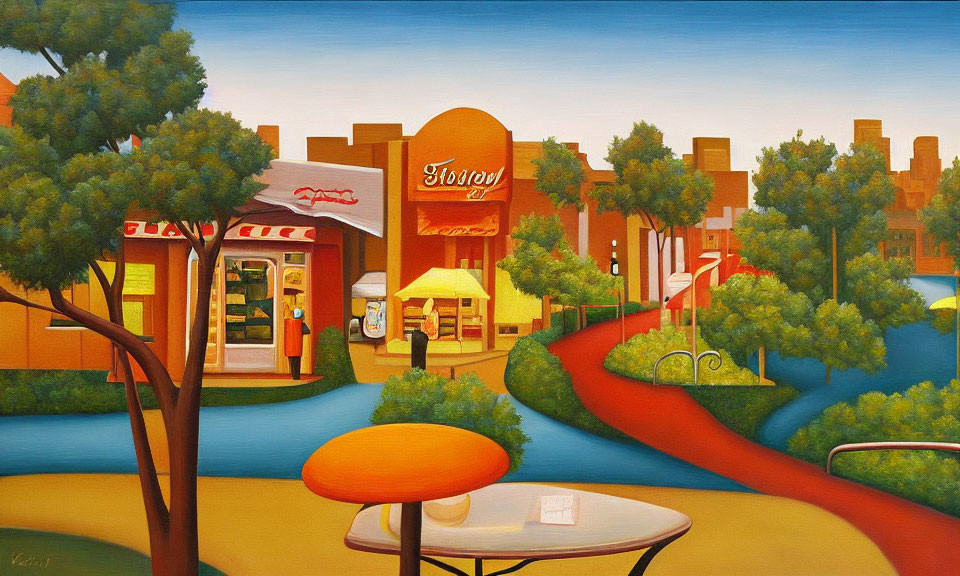 Colorful Townscape Painting with River, Bridge, and Outdoor Seating