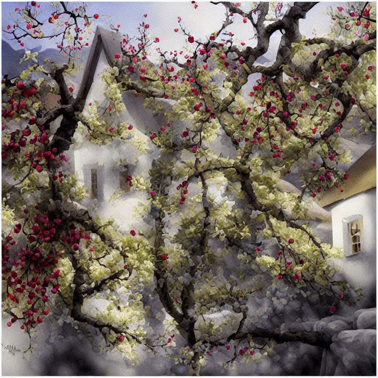 Blossoming tree with red and white flowers in front of a quaint house
