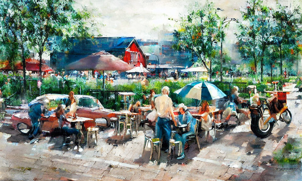 Colorful Street Scene Painting with Outdoor Dining, Cars, Cyclist, Trees, and Buildings