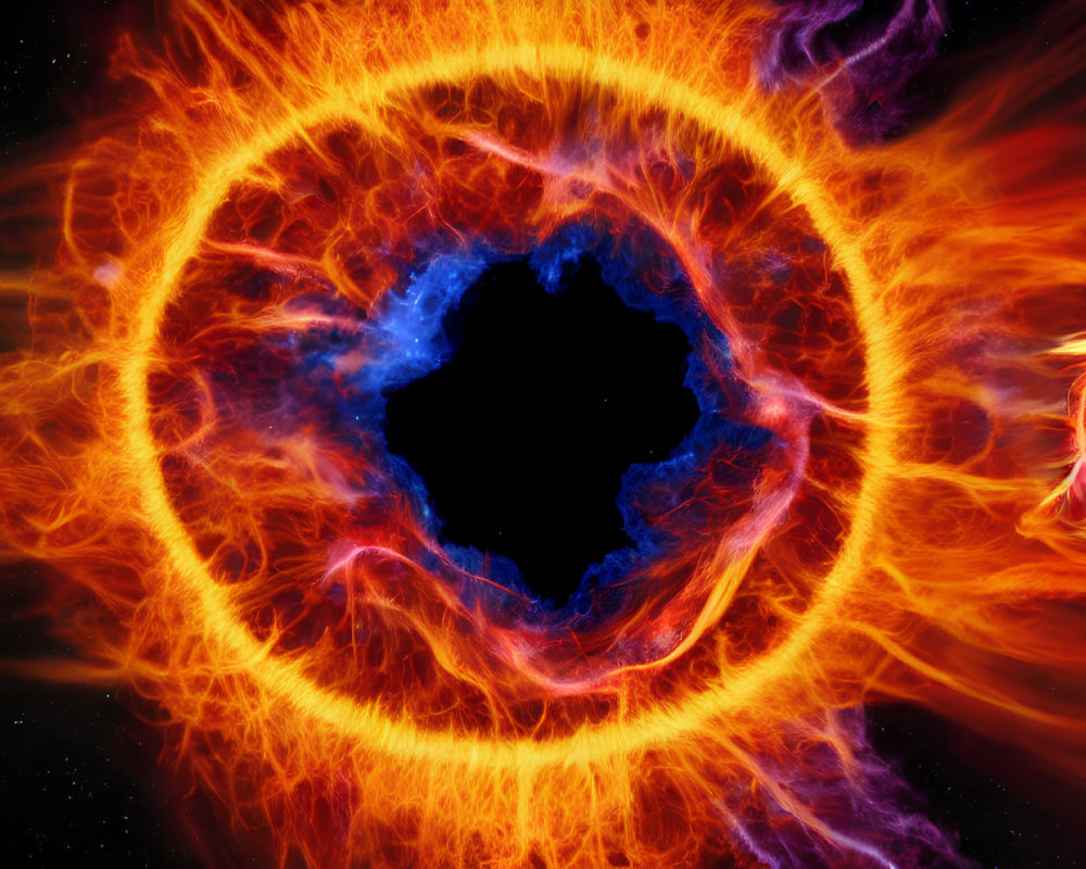 Bright fiery ring encircles dark void in cosmic scene