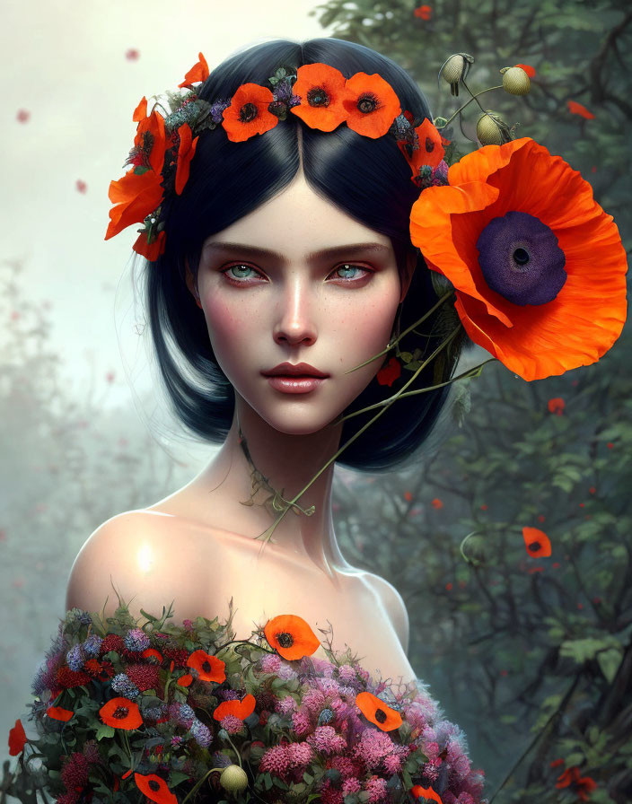 Woman in floral crown and dress with red poppies in misty background