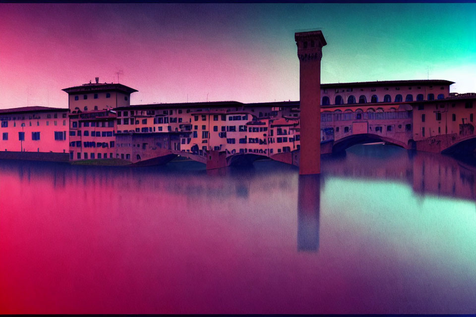 Surreal Ponte Vecchio over Arno River with pink and blue sky
