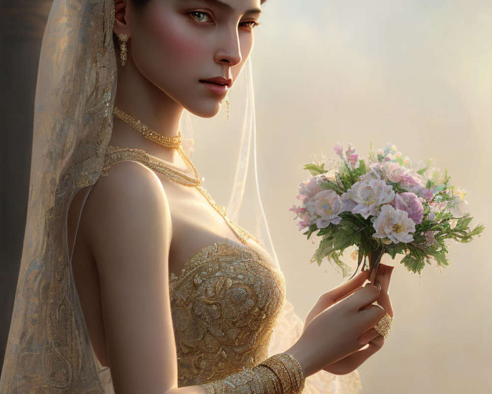 Digital artwork featuring pale-skinned woman in ornate bridal gown with gold detailing and bouquet.