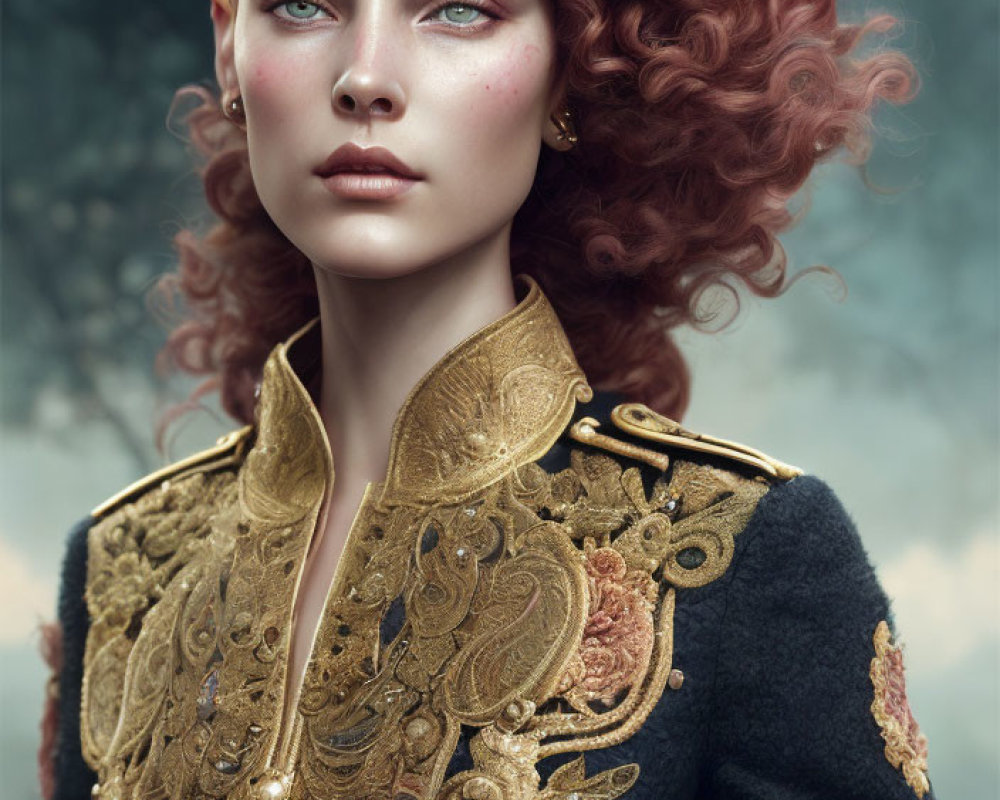 Curly Red-Haired Woman in Golden-Embroidered Black Military Jacket