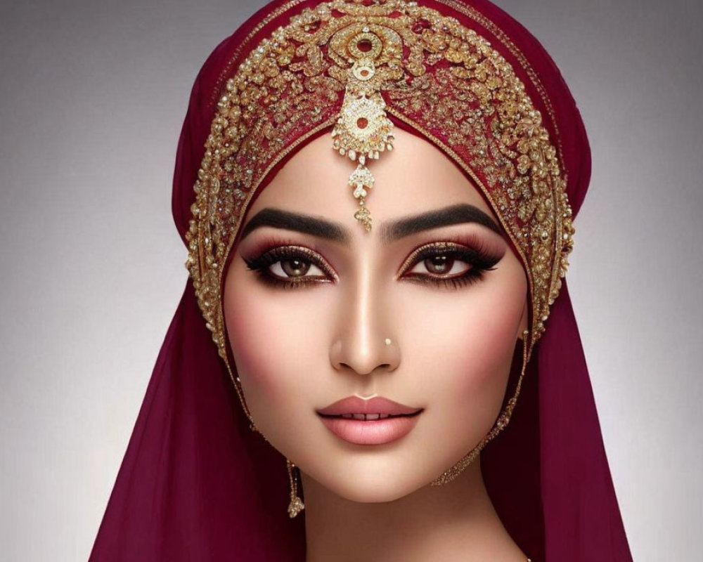 Woman in Red Headscarf and Gold Head Jewelry with Maang Tikka, Makeup Details