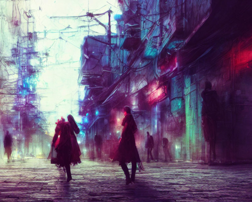 Futuristic city street with neon lights in red and blue