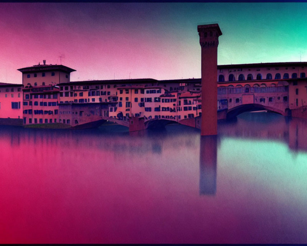 Surreal Ponte Vecchio over Arno River with pink and blue sky