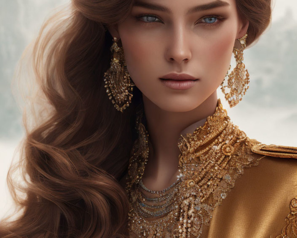 Woman with Blue Eyes and Wavy Brown Hair in Gold Jewelry on Snowy Background