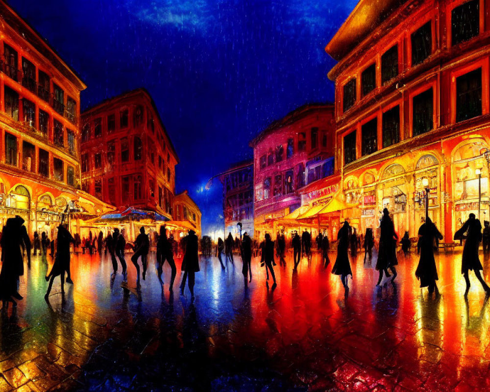Urban square night scene with people, starry sky, wet cobblestones, and illuminated buildings.