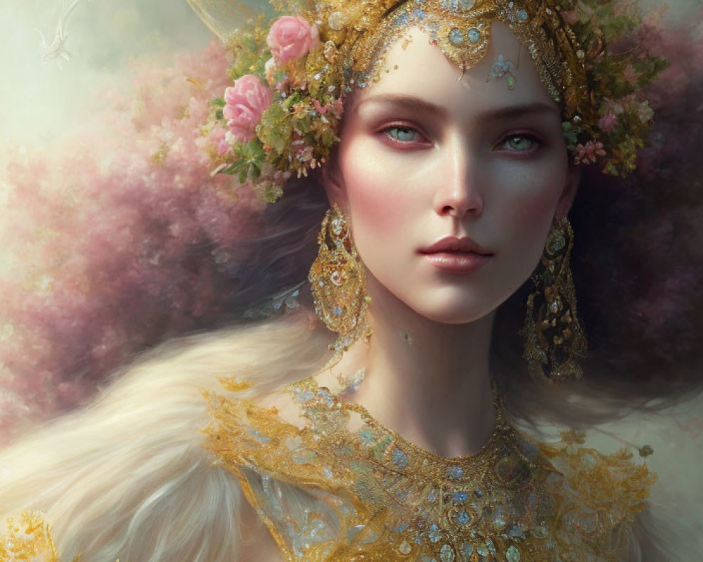 Golden headdress adorned woman with pink roses in misty background