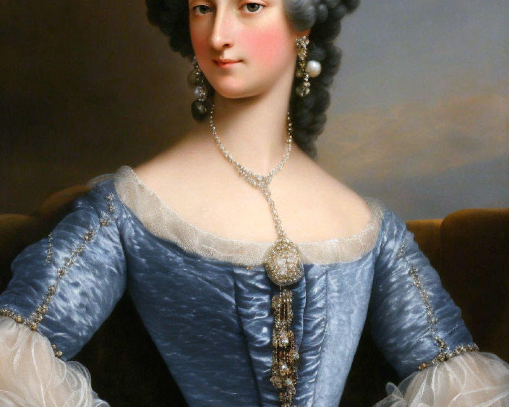18th-Century Woman Portrait in Blue Gown with Lace and Floral Adornments