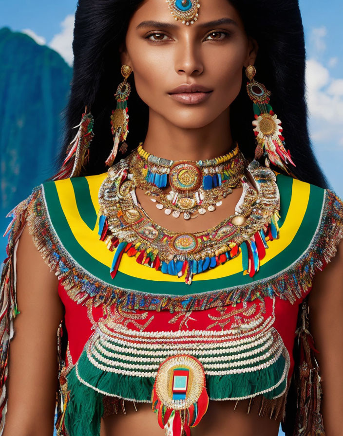 Woman in tribal jewelry and attire with striking gaze against blue sky