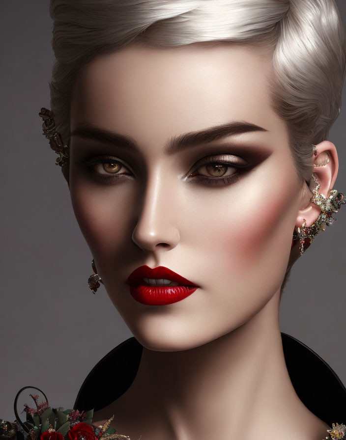 Portrait of Woman with Striking Makeup and Platinum Blonde Hair