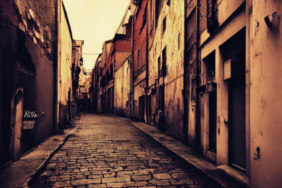 Deserted cobblestone street with old buildings and graffiti