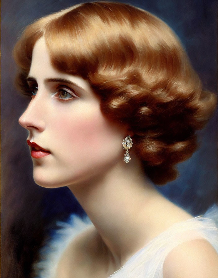 Portrait of woman with bobbed hair and feathered accessory, gazing sideways.