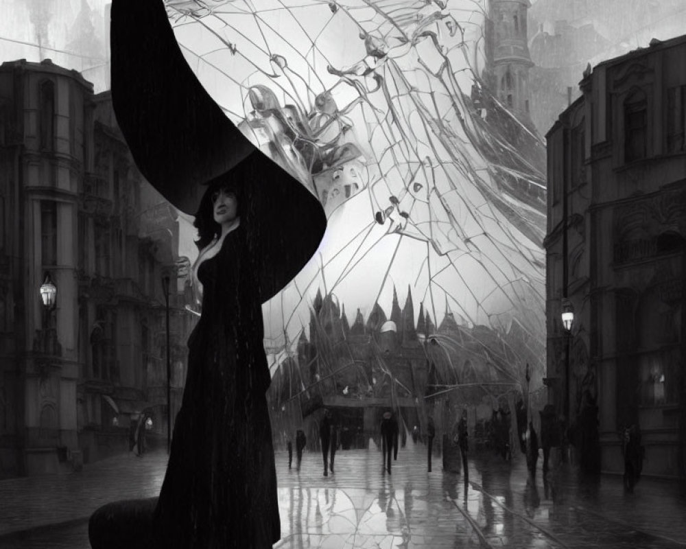 Person in Black Cloak with Umbrella on Rainy Cobblestone Street