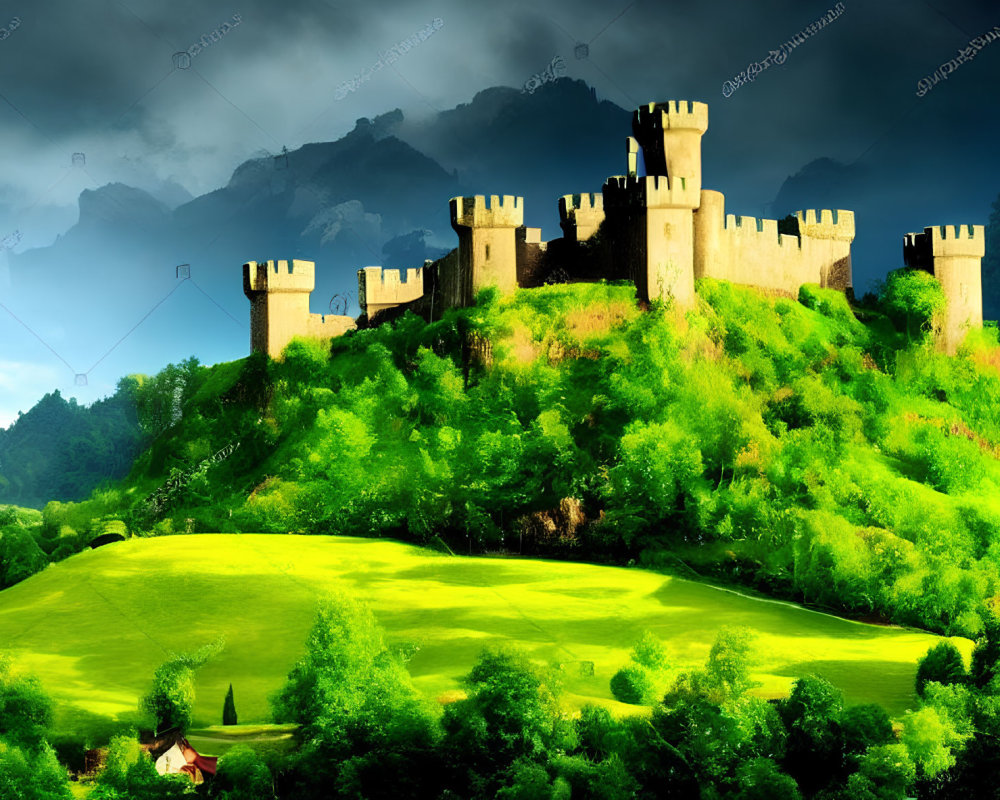 Medieval castle on green hill under dramatic sky