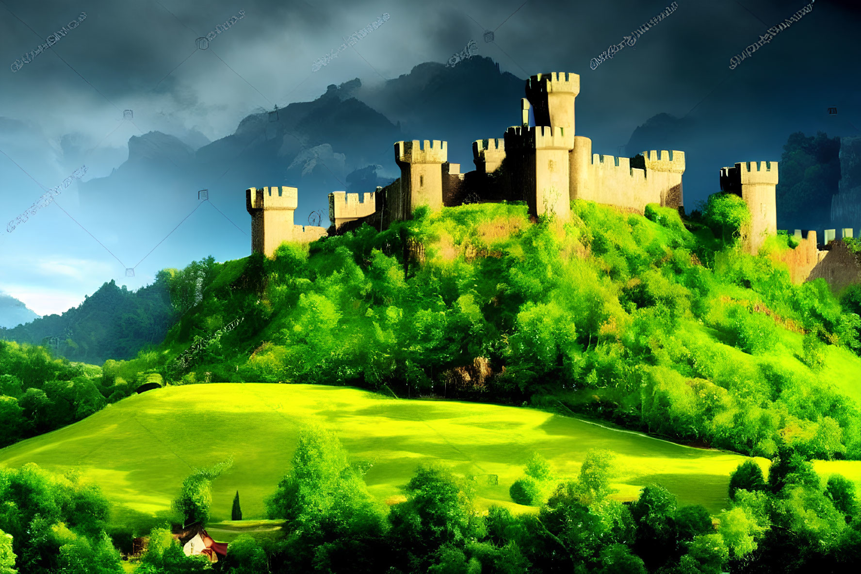 Medieval castle on green hill under dramatic sky