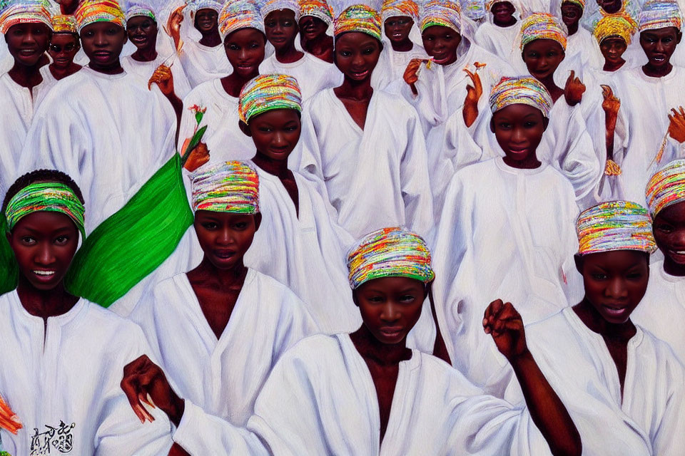 Colorful African women in white garments and headwraps with green leaves in surreal painting