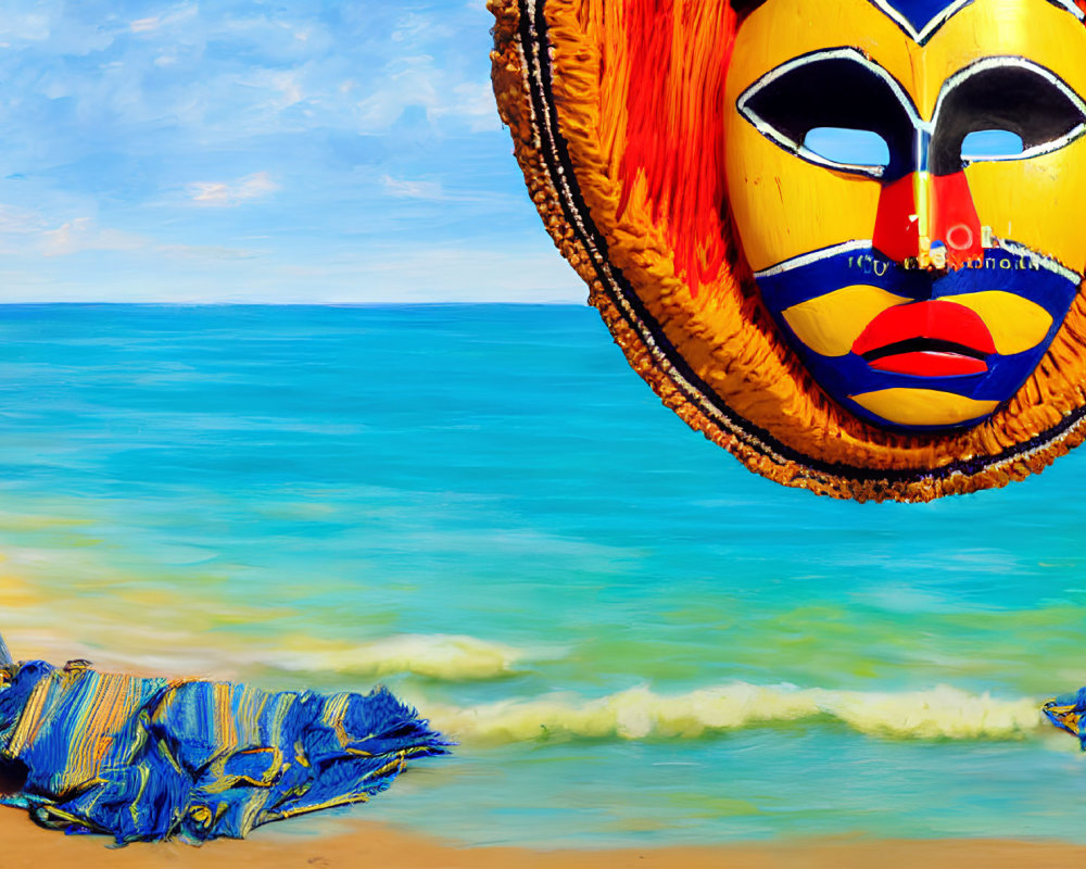 Colorful tribal mask on beach with clear skies and gentle waves - frayed blue fabric in sand