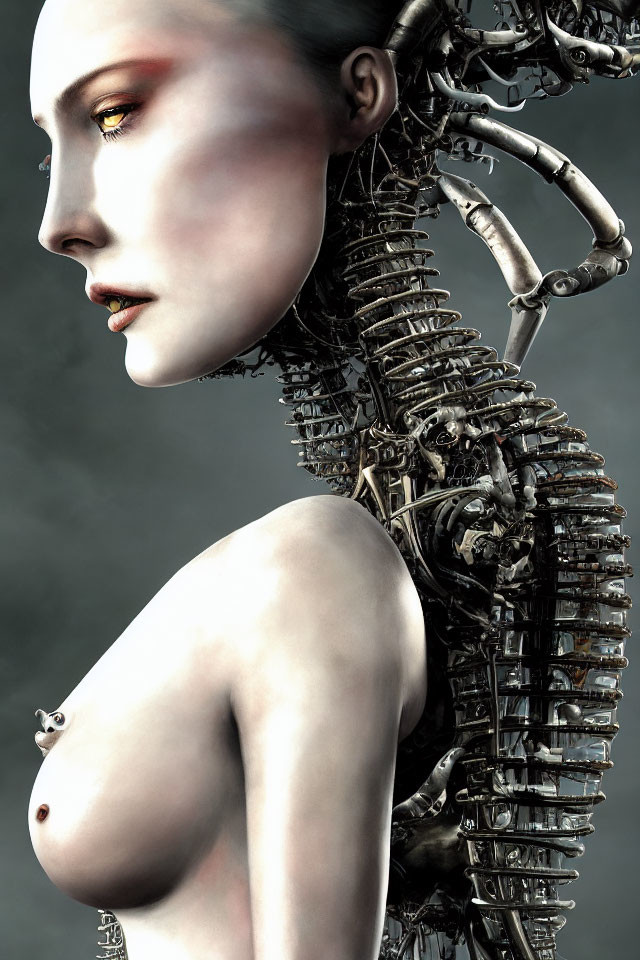Digital artwork: Humanoid figure with mechanical spine and human-like face