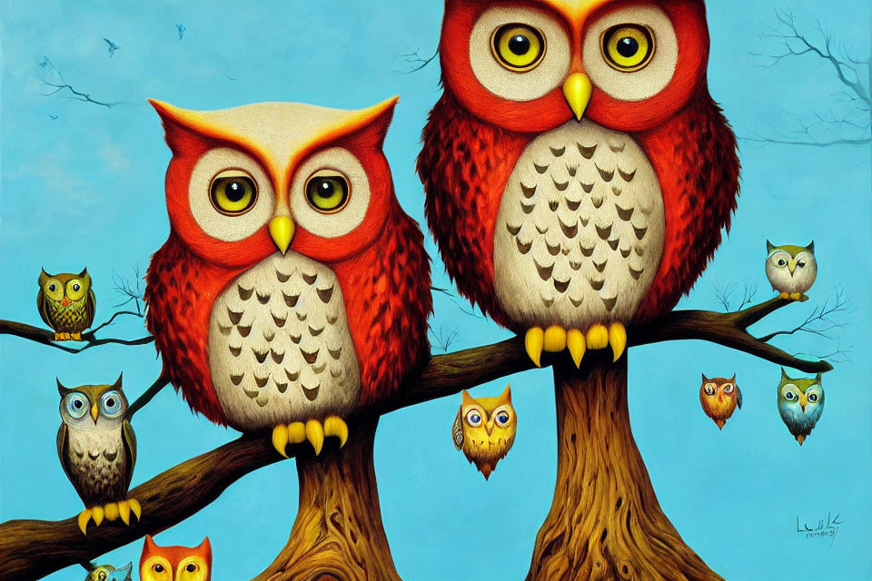 Vibrant family of owls on tree branches under blue sky