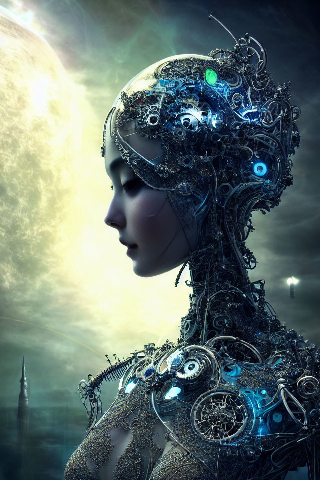 Detailed profile shot of female android with intricate mechanical headgear against futuristic backdrop.