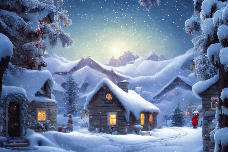 Cozy lit cabins in snowy winter village scene