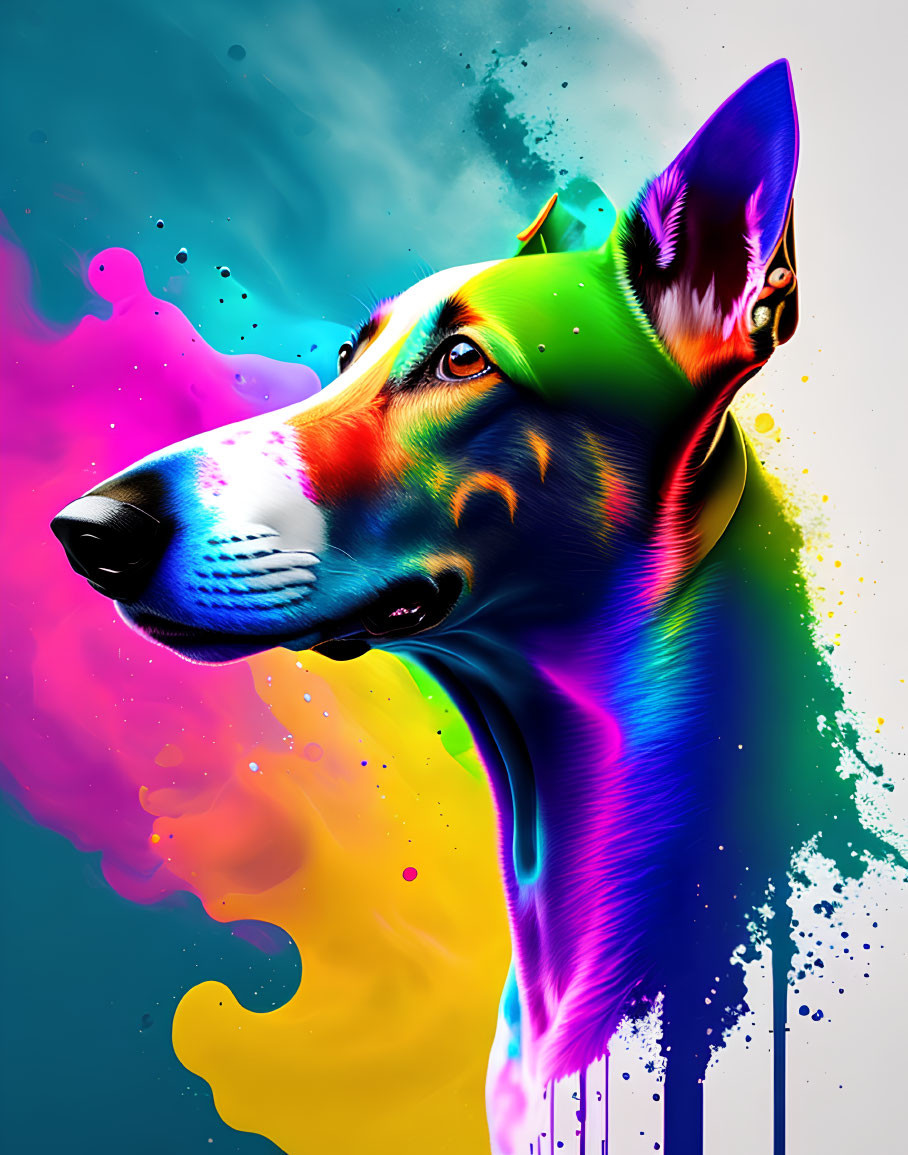 Colorful digital artwork: Dog in neon colors on dark background