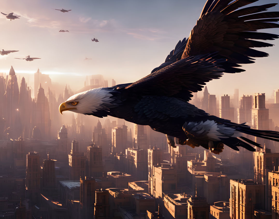 Eagle soaring over futuristic cityscape with flying vehicles