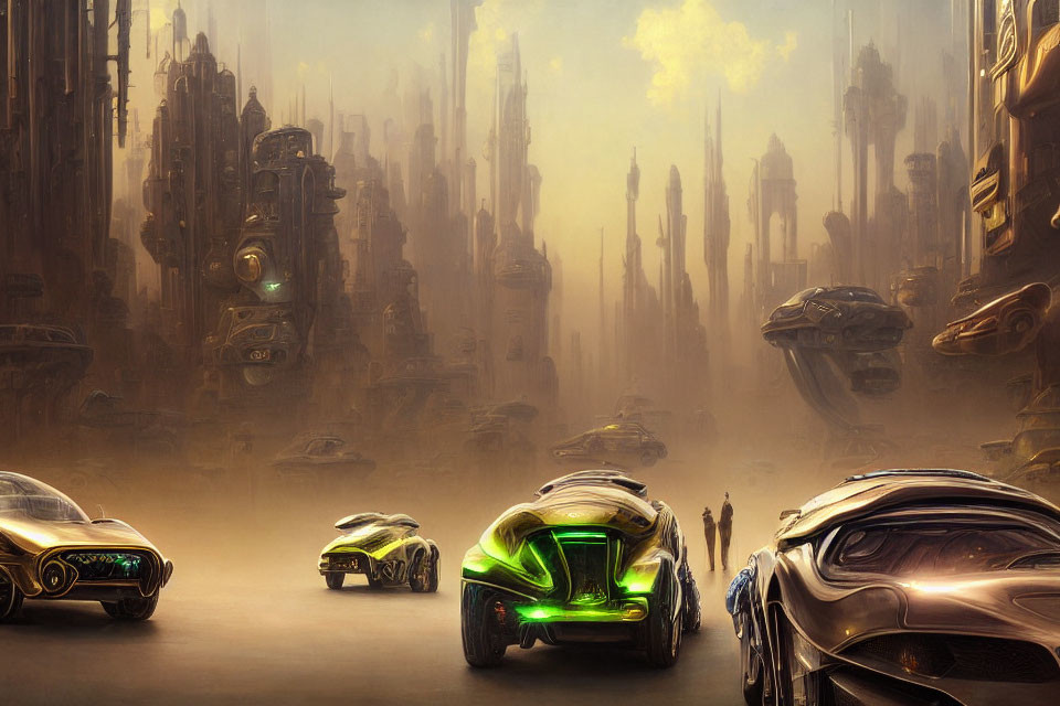 Futuristic cityscape with misty towering buildings and advanced vehicles.