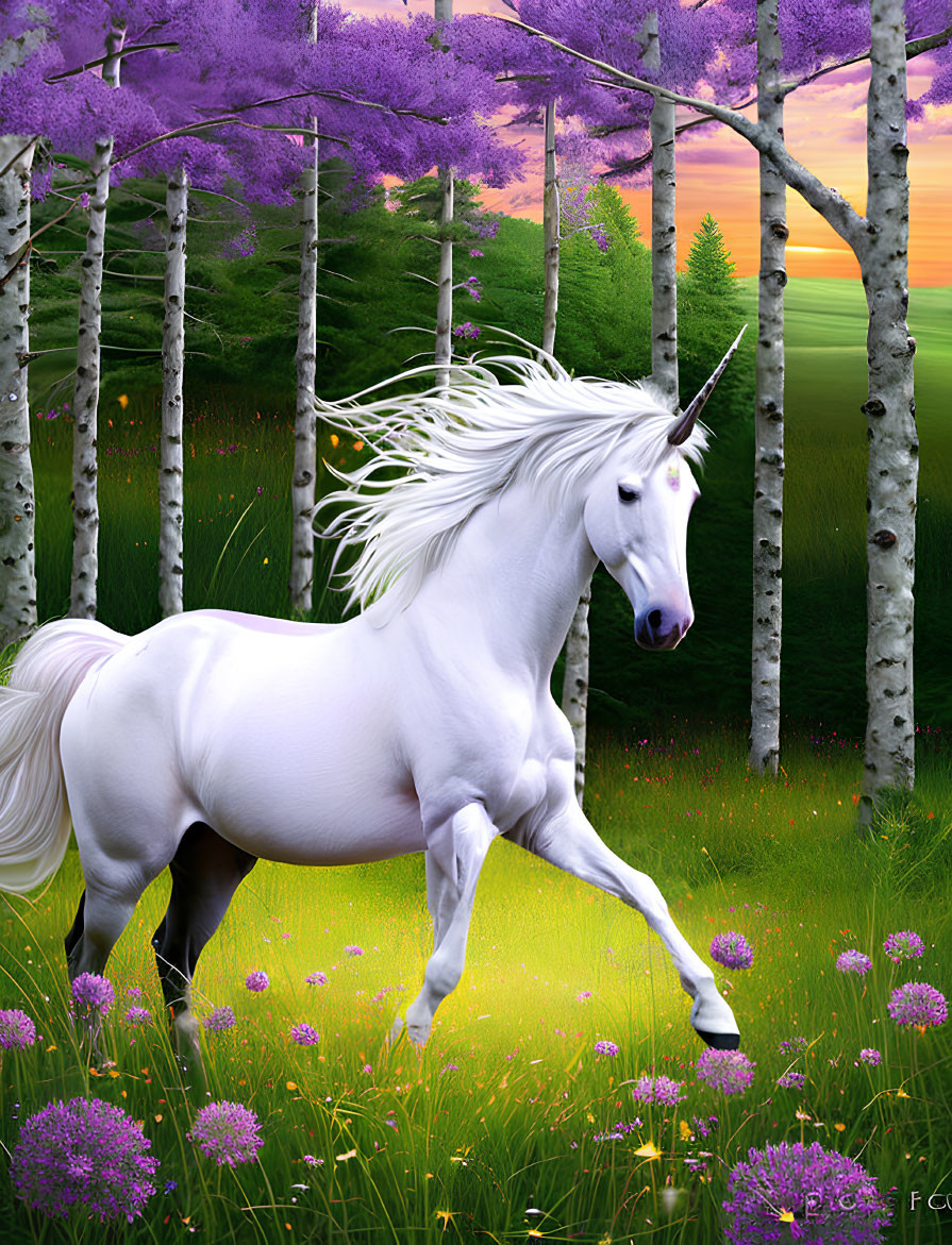 Majestic white horse galloping in vibrant meadow with purple-flowered trees