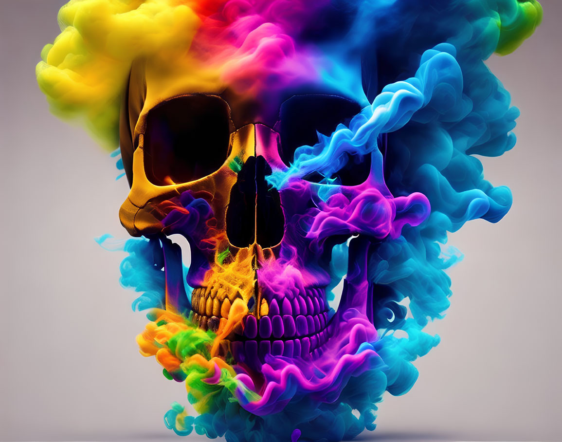 Multicolored smoke swirling around a skull.