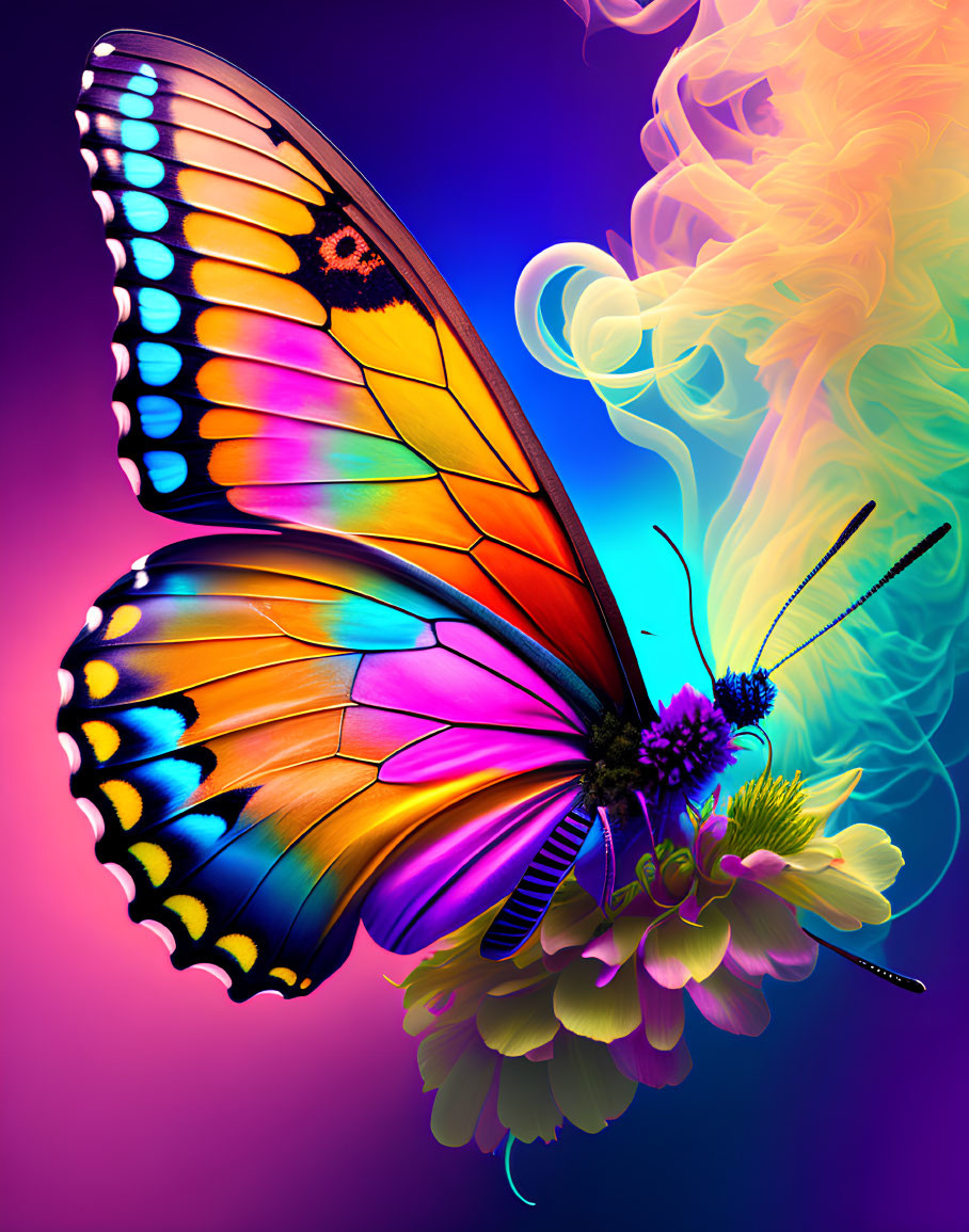Colorful Butterfly Artwork with Intricate Patterns and Floral Background