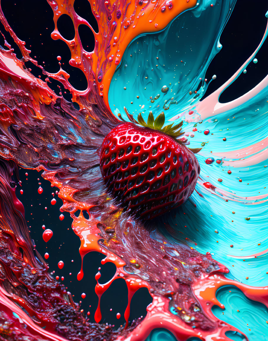 Ripe strawberry splashing in vibrant red, orange, and turquoise liquids