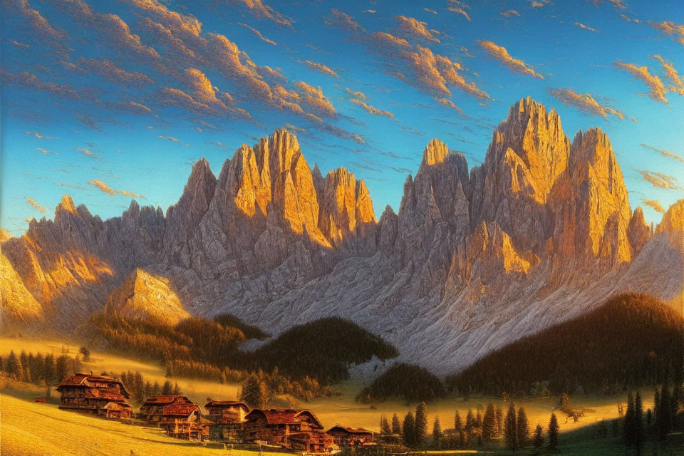 Scenic Alpine village with sunlit peaks and rustic houses