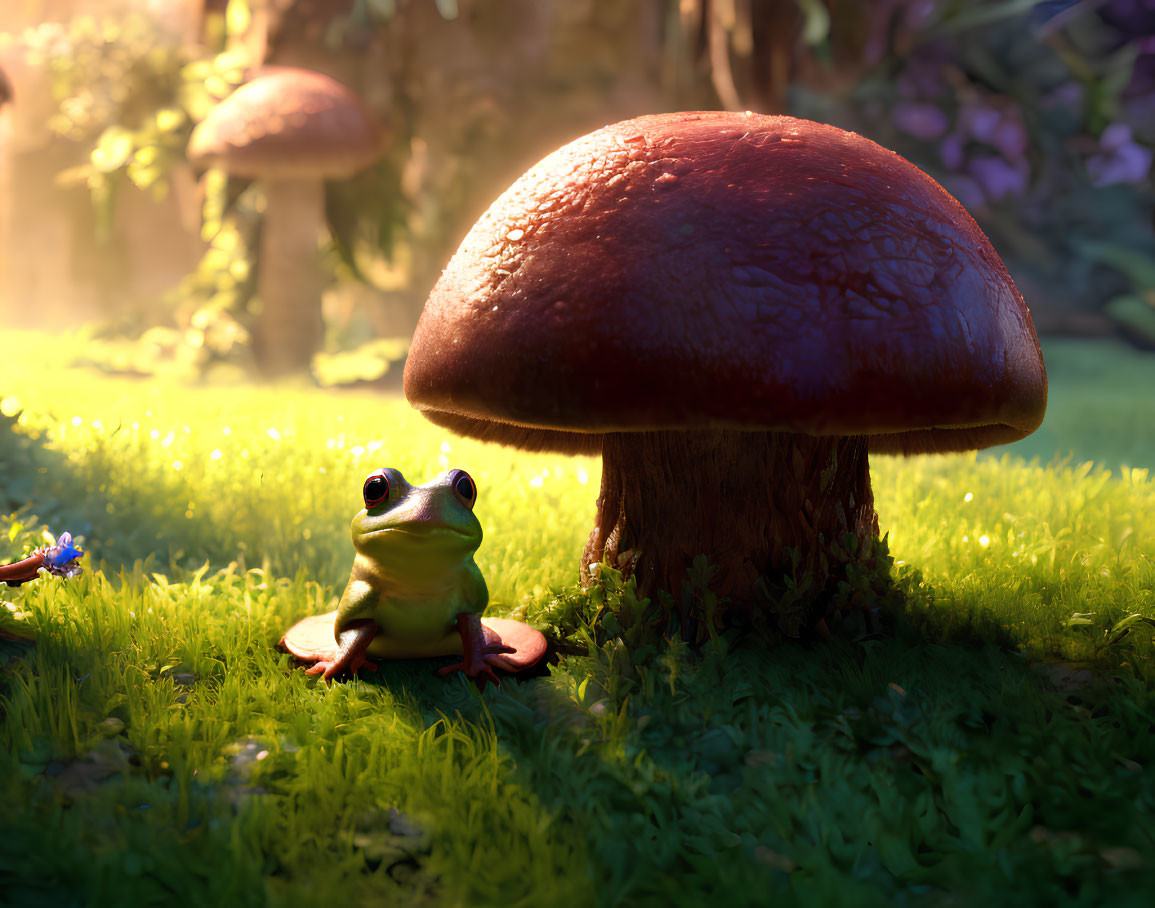 Green frog under large brown mushroom in sunlit forest clearing