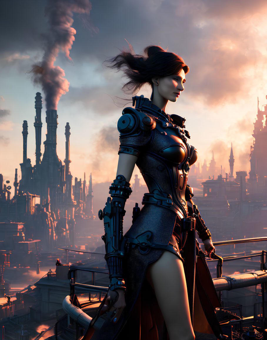 Female cyborg in futuristic armor against industrial cityscape at sunset