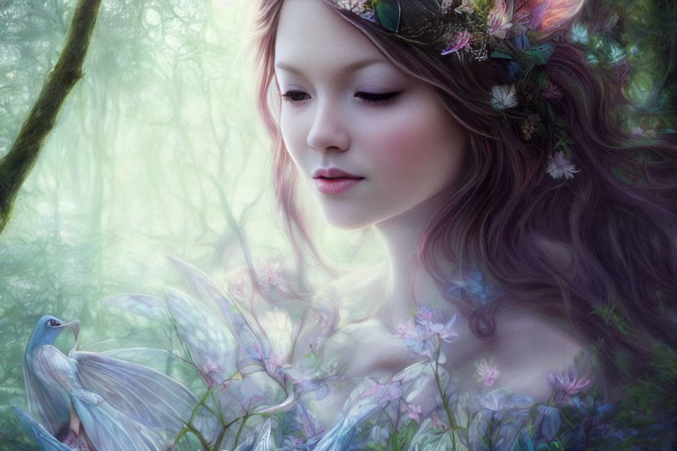 Fantasy illustration of woman with floral wreath in foggy forest