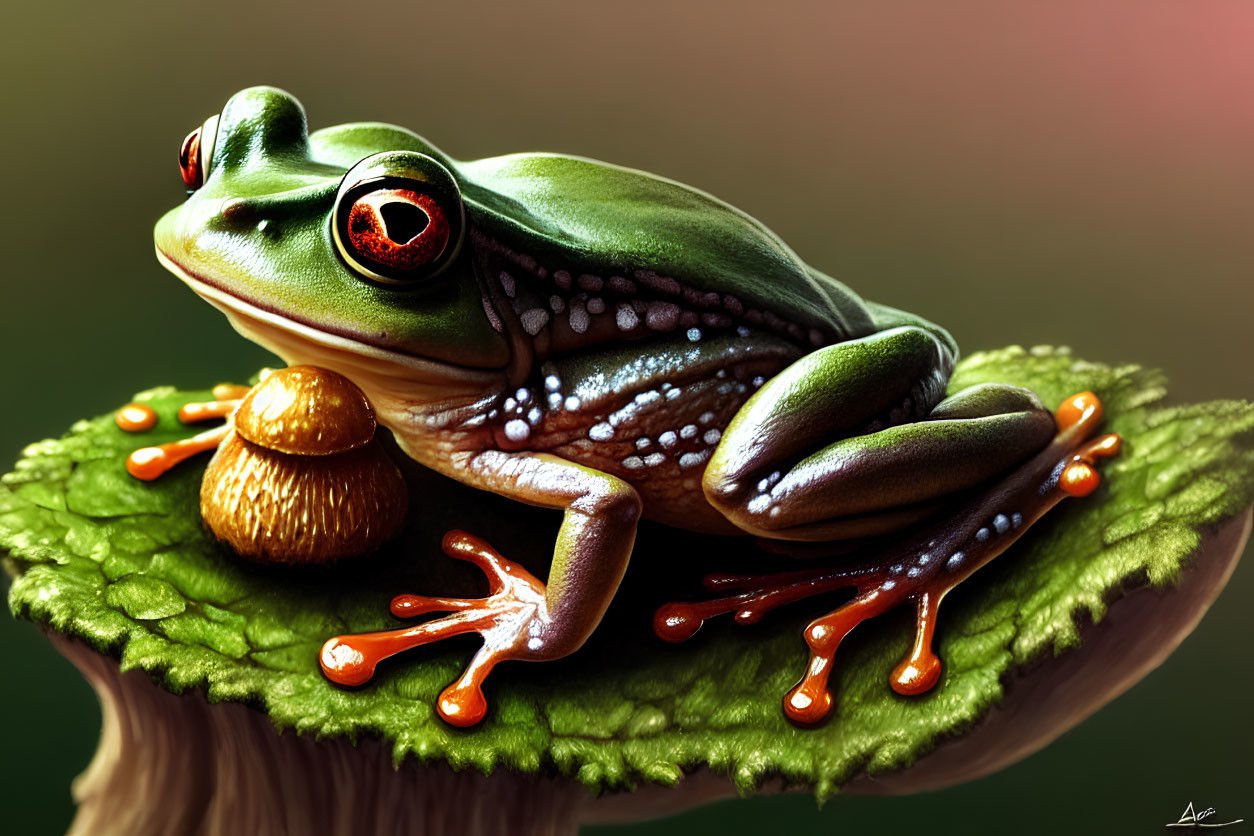 Colorful Green Frog with Red Eyes on Textured Leaf