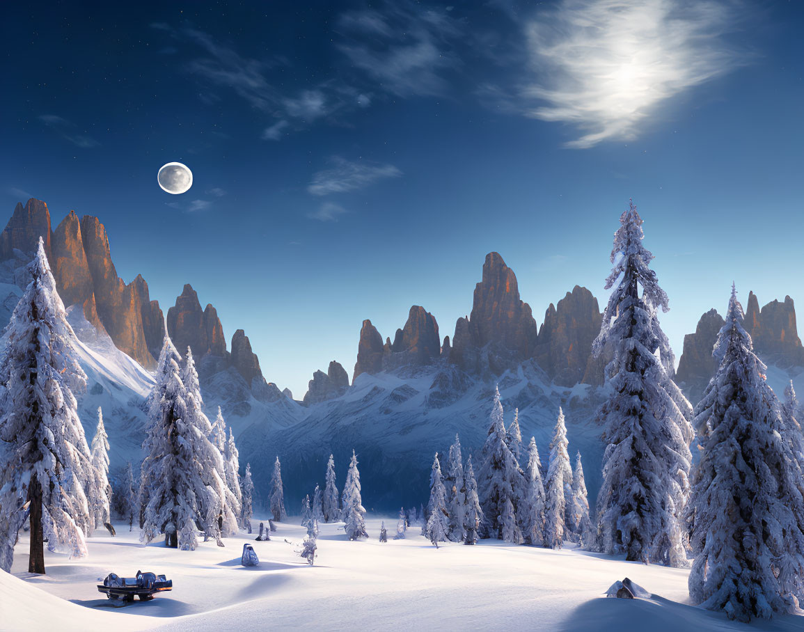 Snow-covered landscape with frosted pine trees and mountain peaks under starry sky