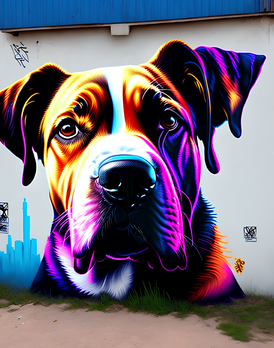 Vivid neon dog face graffiti on outdoor wall