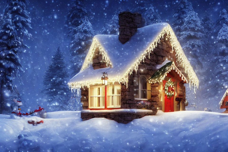 Snow-covered cottage with festive decorations in snowy forest at night