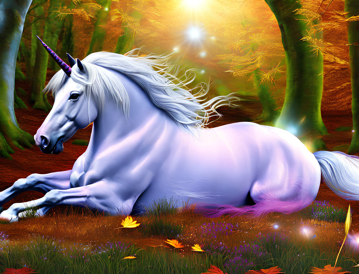 White Unicorn with Purple Horn Resting in Sunlit Autumn Forest