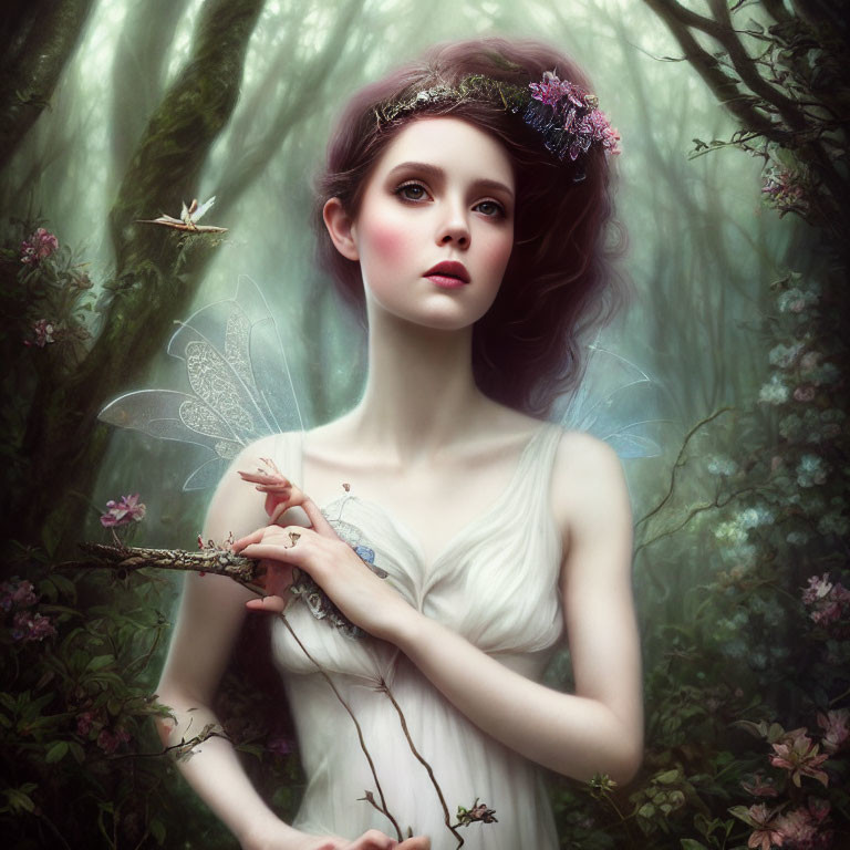 Fantasy portrait of a fairy with translucent wings in misty forest